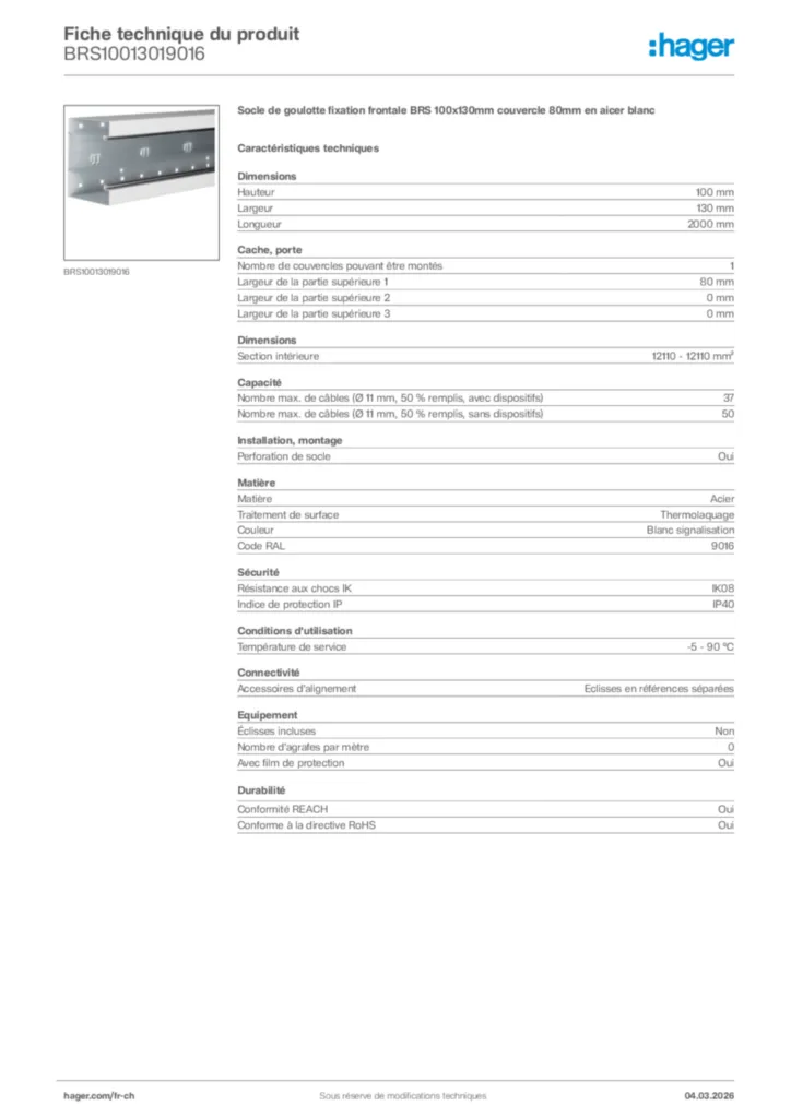 Image Hager Fiche technique du produit BRS10013019016 | Hager Suisse