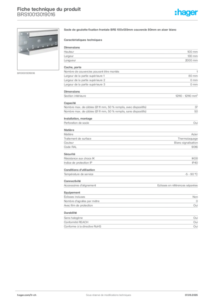 Image Hager Fiche technique du produit BRS10013019016 | Hager Suisse