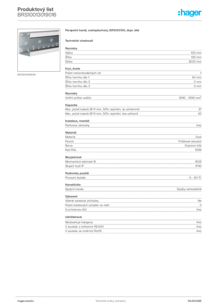 Obrázek Hager Produktový list BRS10013019016 | Hager