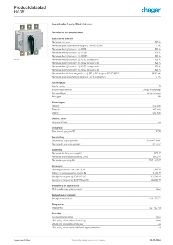 Afbeelding Hager Productdatablad HA351 | Hager Belgium