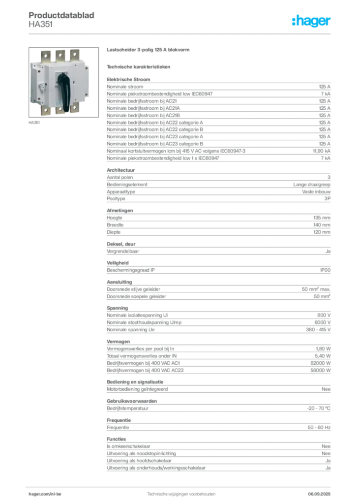 Afbeelding Hager Productdatablad HA351 | Hager Belgium