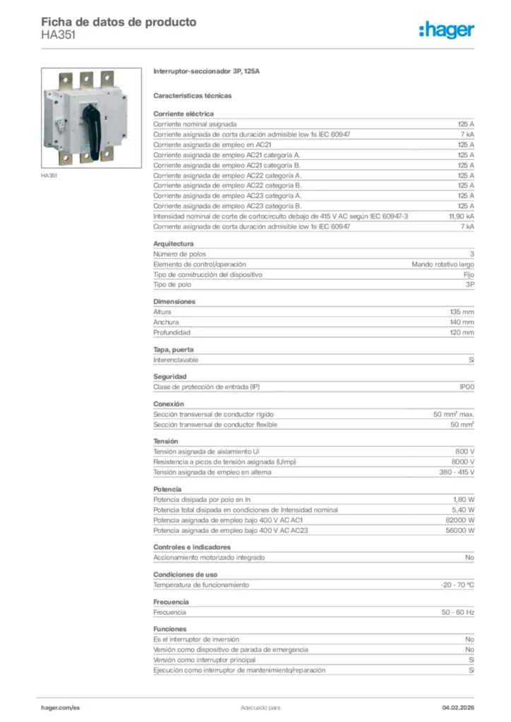 Imagen Hager Ficha de datos de producto HA351 | Hager España