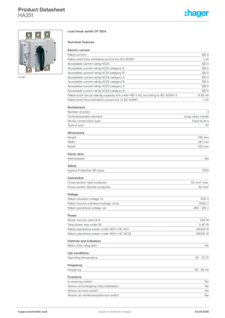Image Hager Product data sheet HA351  | Hager