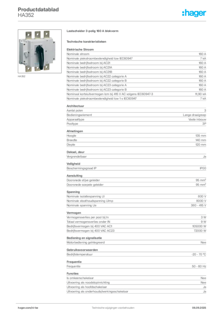 Afbeelding Hager Productdatablad HA352 | Hager Belgium