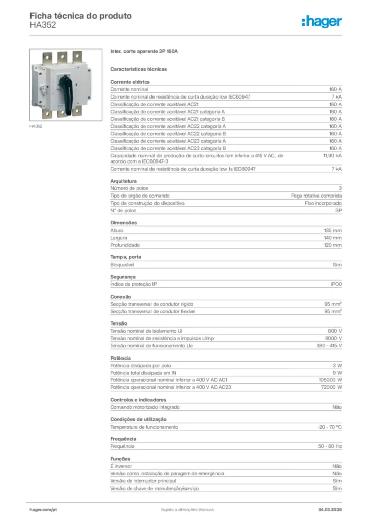 Imagem Hager Ficha técnica do produto HA352 | Hager Portugal