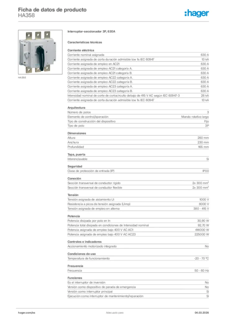 Imagen Hager Ficha de datos de producto HA358 | Hager España