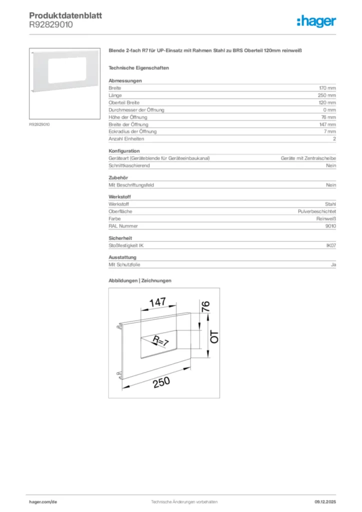 Bild Hager Produktdatenblatt R92829010 | Hager Deutschland