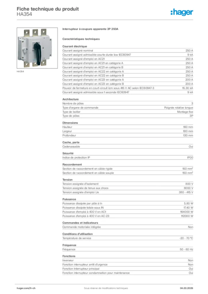 Image Hager Fiche technique du produit HA354 | Hager Suisse