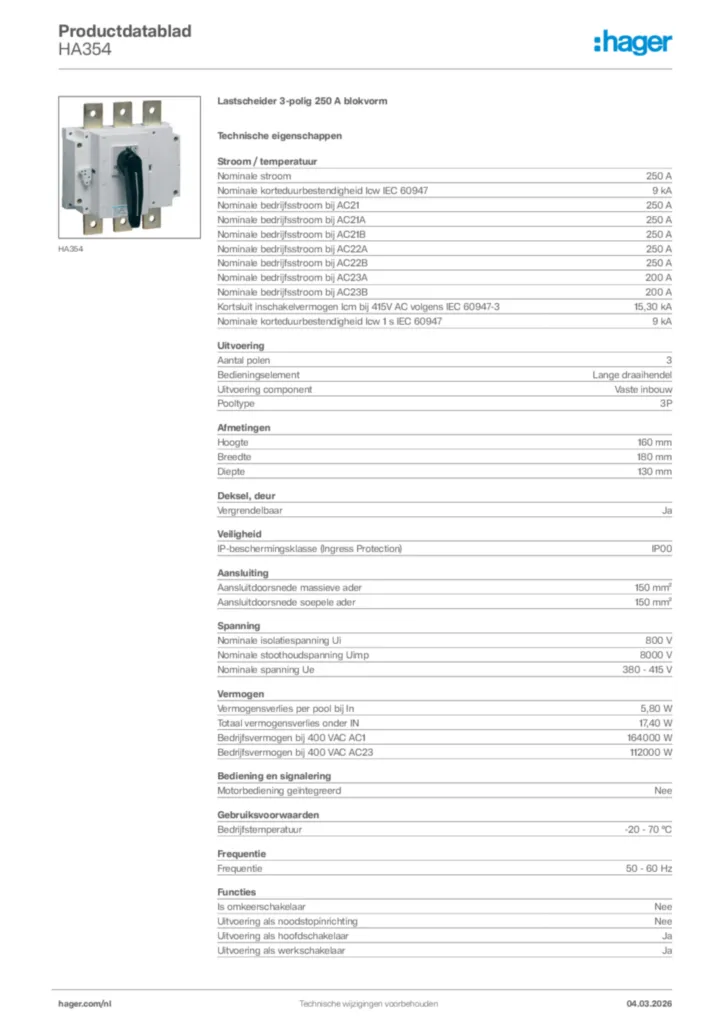 Afbeelding Hager Productdatablad HA354 | Hager Nederland