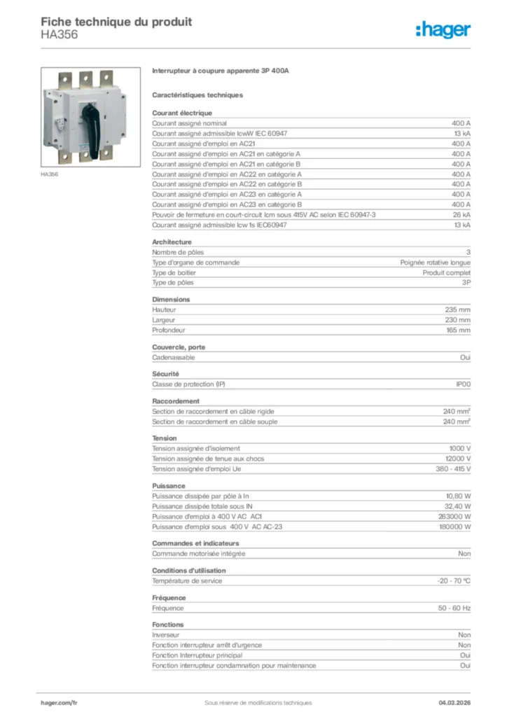 Image Hager Fiche technique du produit HA356 | Hager France