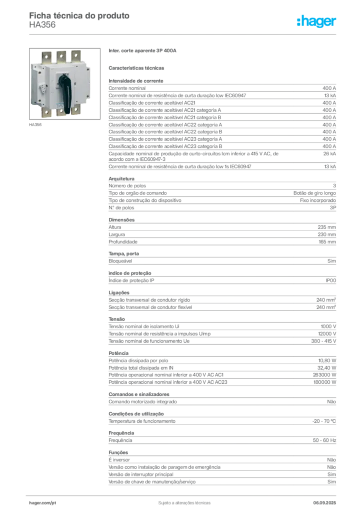 Imagem Hager Ficha técnica do produto HA356 | Hager Portugal