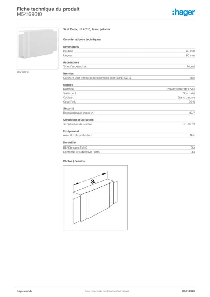 Image Hager Fiche technique du produit M54169010 | Hager France