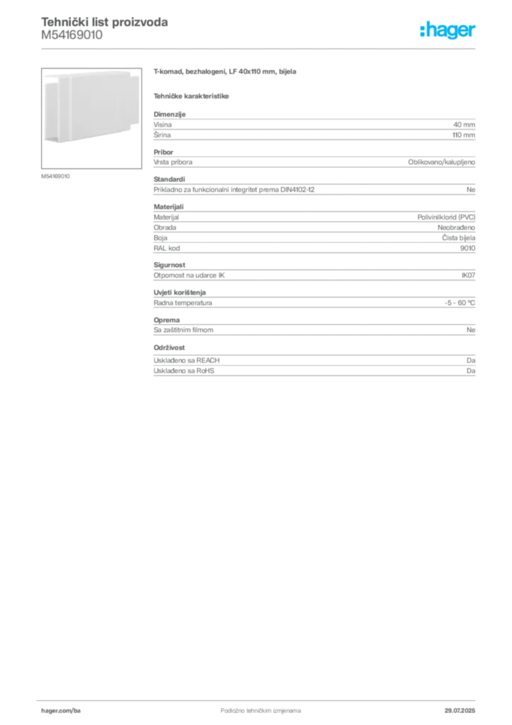 Slika Hager Product data sheet M54169010  | Hager