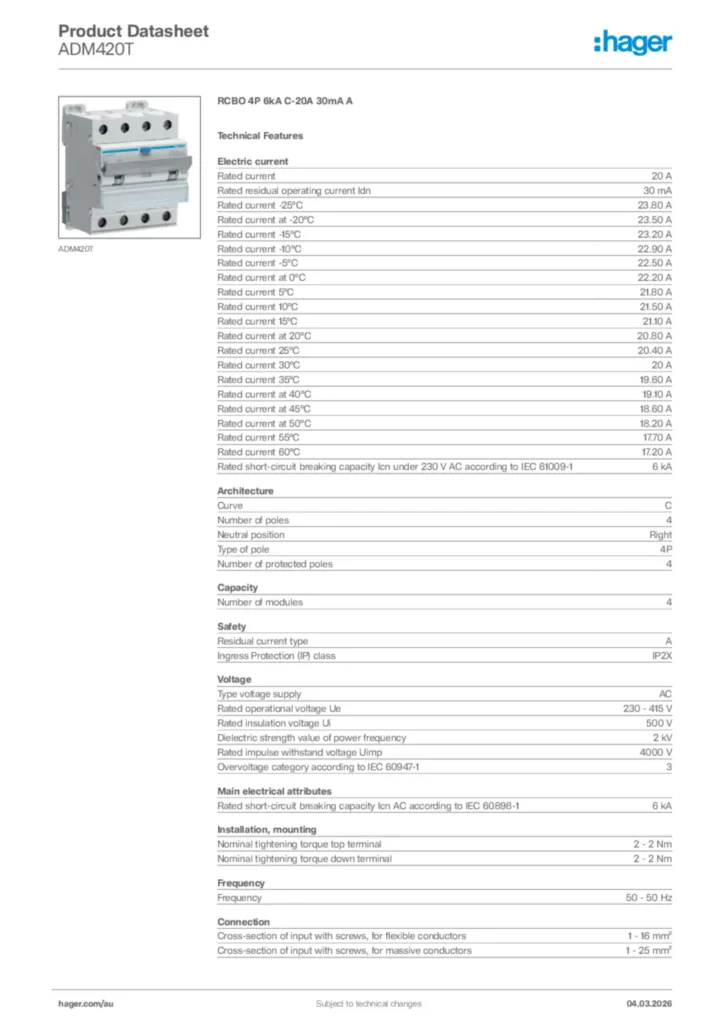 Image Hager Product data sheet ADM420T  | Hager Australia