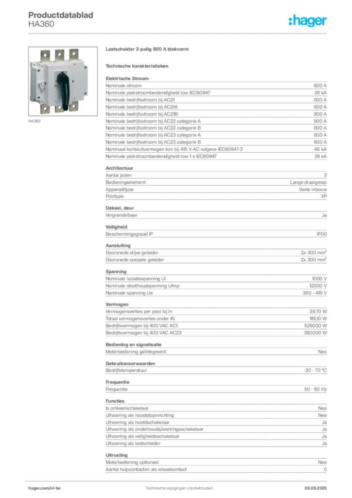 Afbeelding Hager Productdatablad HA360 | Hager Belgium