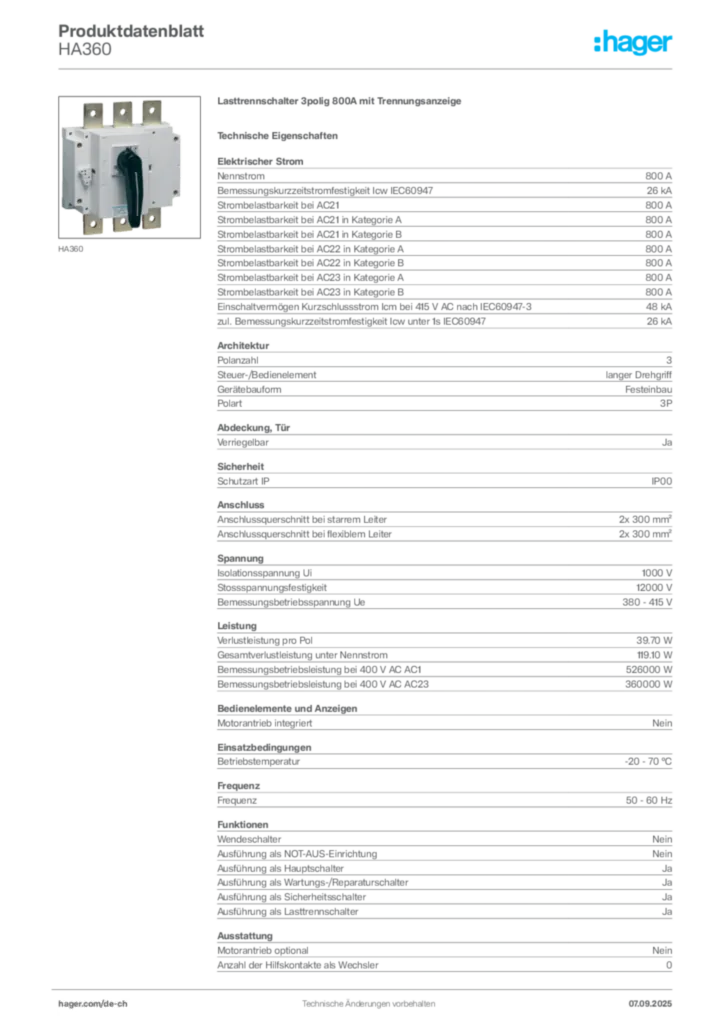Bild Hager Produktdatenblatt HA360 | Hager Schweiz