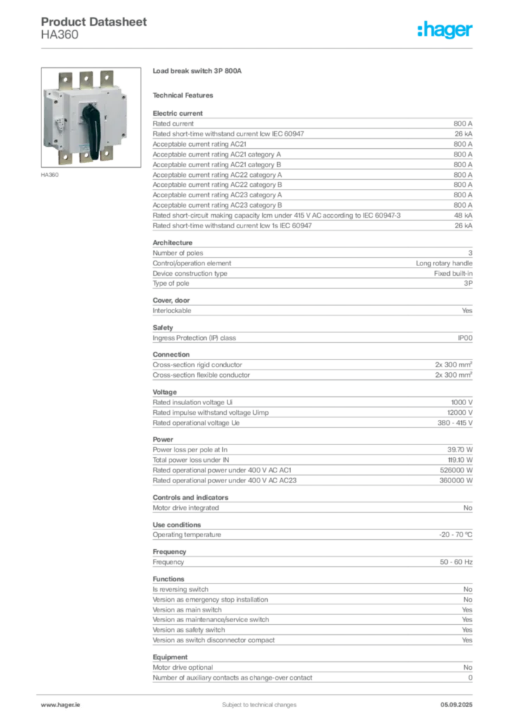 Image Hager Product data sheet HA360  | Hager