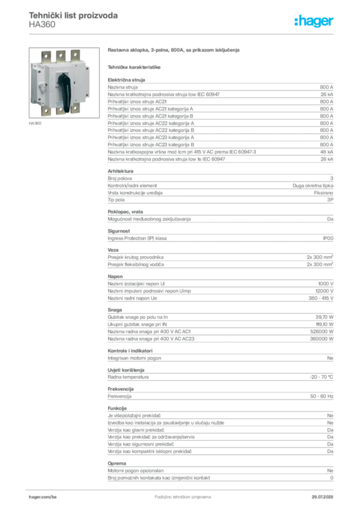 Slika Hager Product data sheet HA360  | Hager