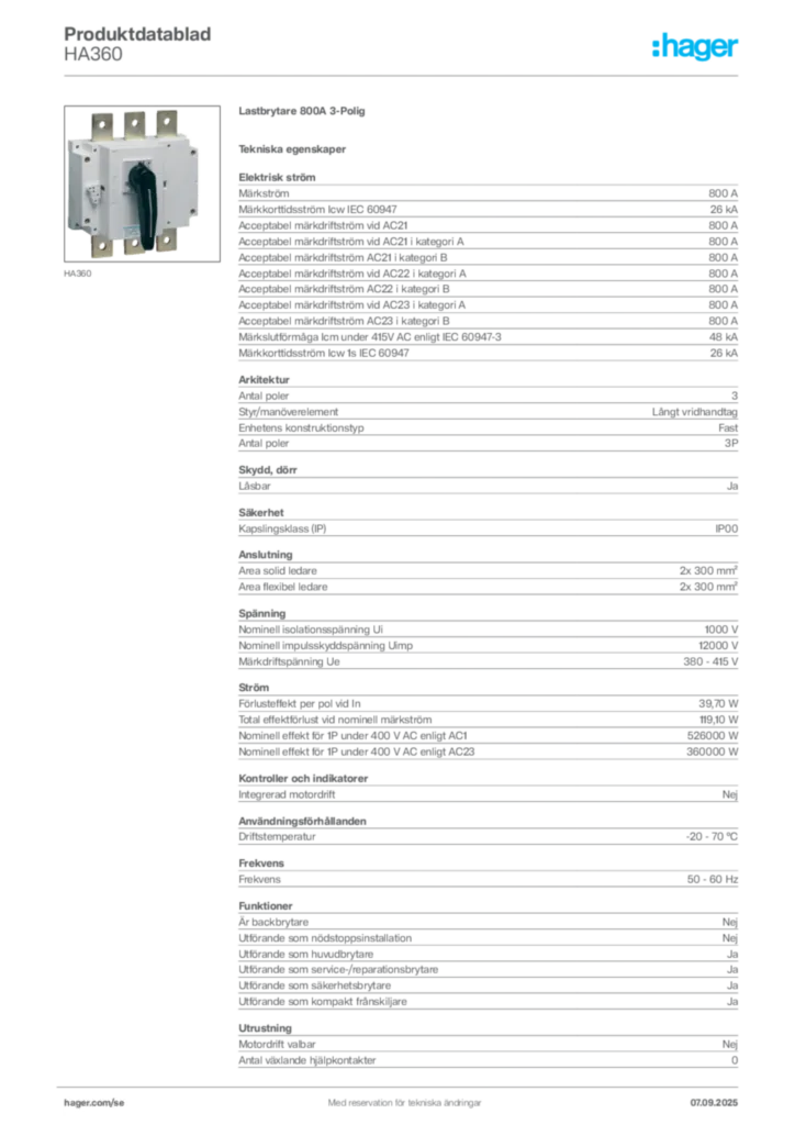 Bild Hager Produktdatablad HA360 | Hager Sverige