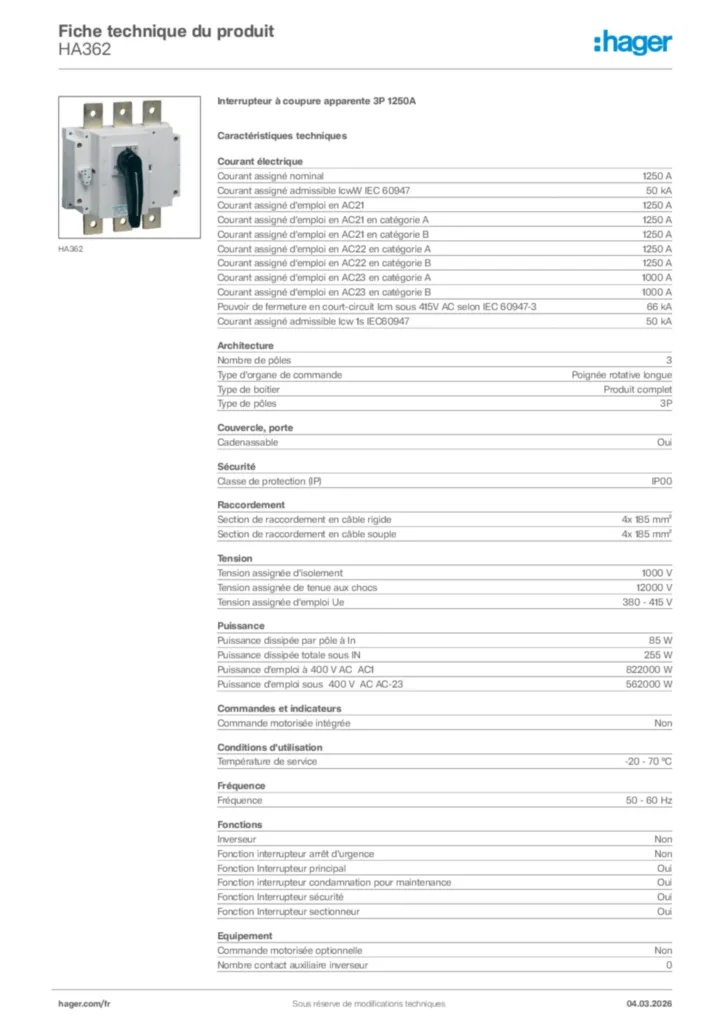 Image Hager Fiche technique du produit HA362 | Hager France