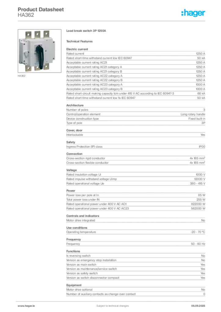 Image Hager Product data sheet HA362  | Hager