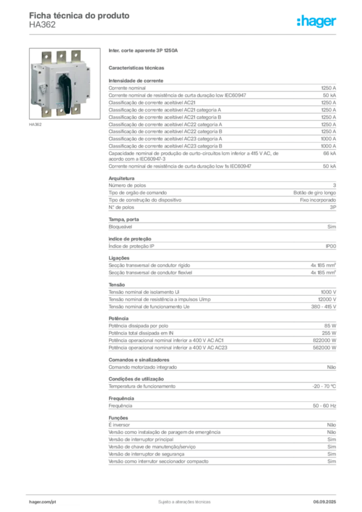 Imagem Hager Ficha técnica do produto HA362 | Hager Portugal
