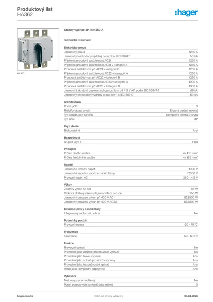 Obrázek Hager Product data sheet HA362 | Hager