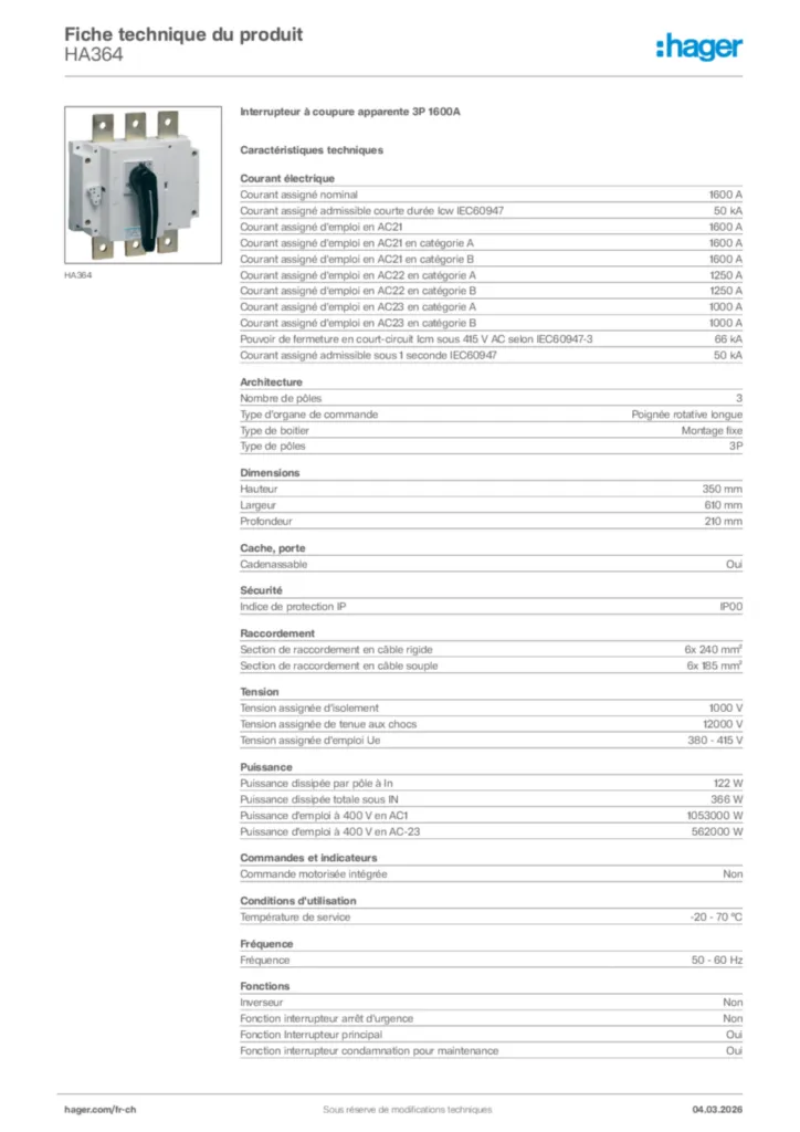 Image Hager Fiche technique du produit HA364 | Hager Suisse