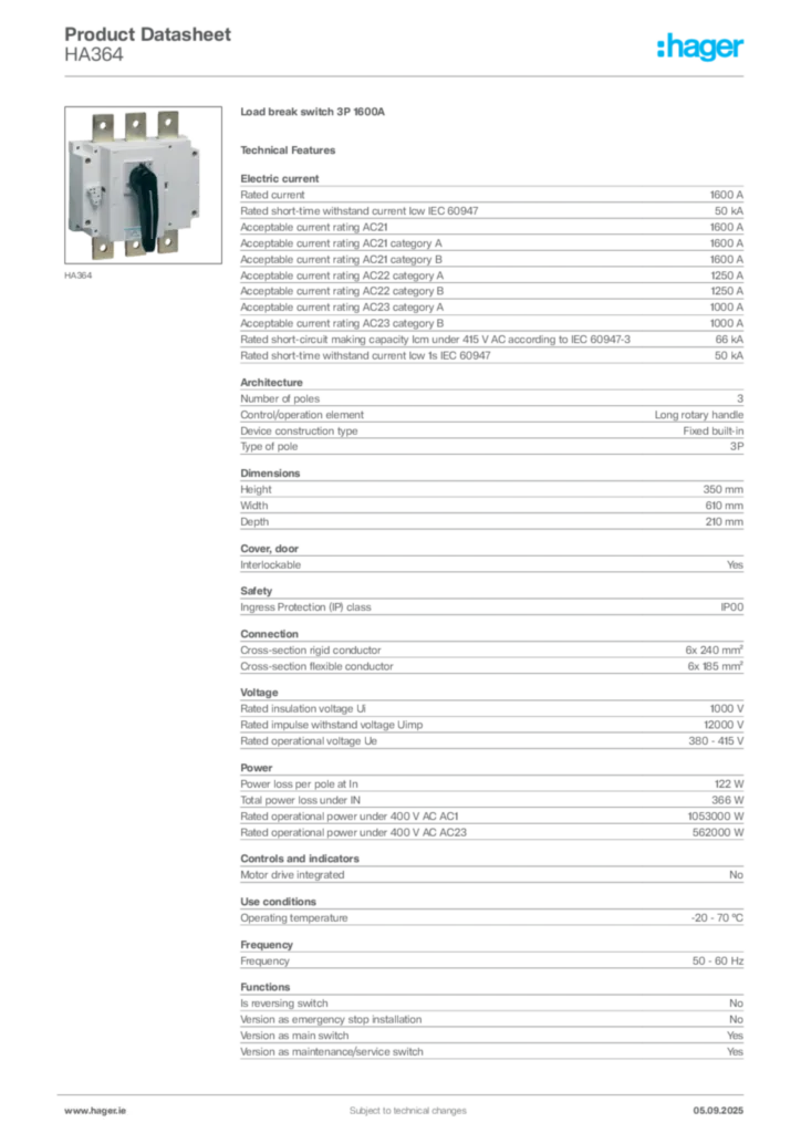 Image Hager Product data sheet HA364  | Hager