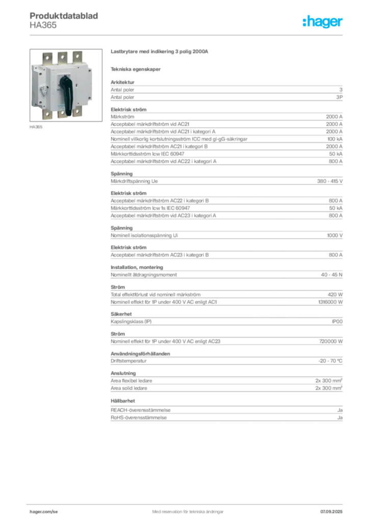 Bild Hager Produktdatablad HA365 | Hager Sverige