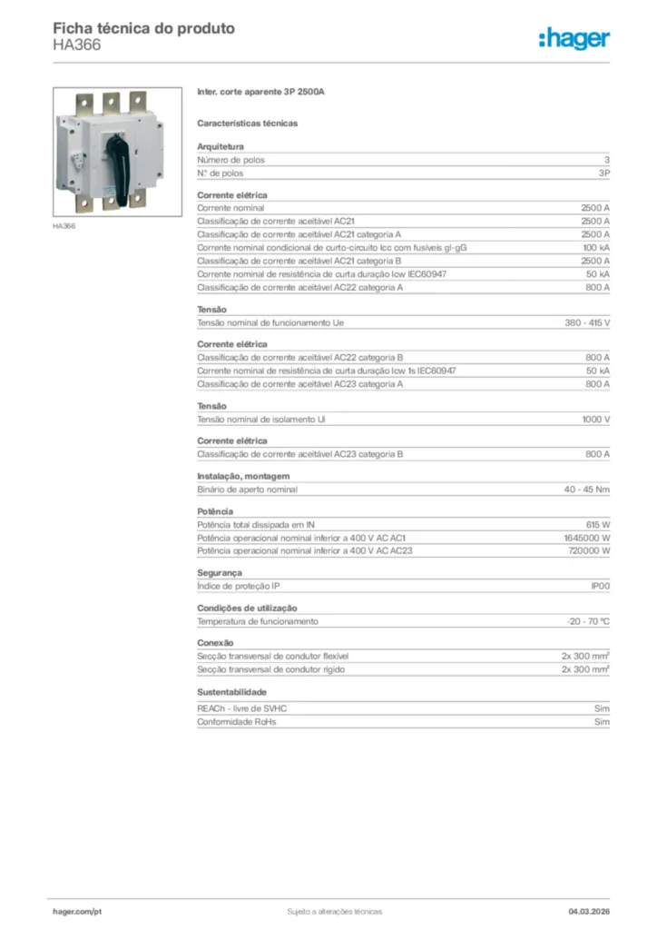 Imagem Hager Ficha técnica do produto HA366 | Hager Portugal