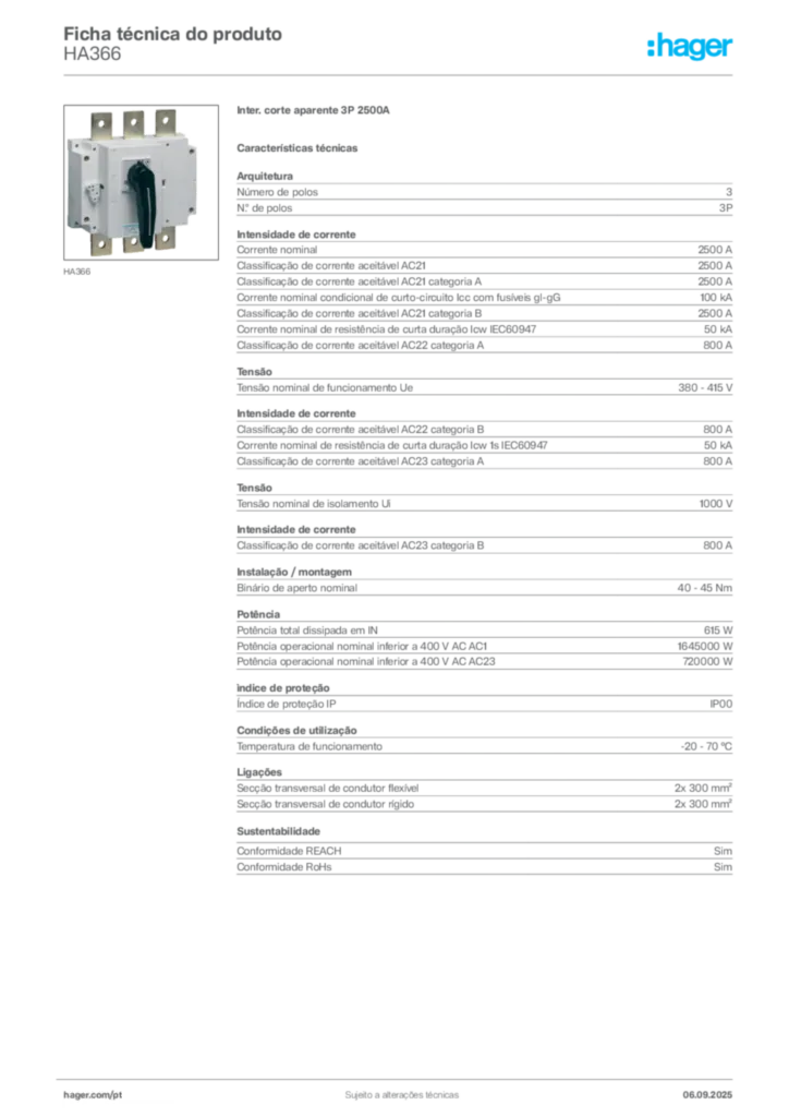 Imagem Hager Ficha técnica do produto HA366 | Hager Portugal