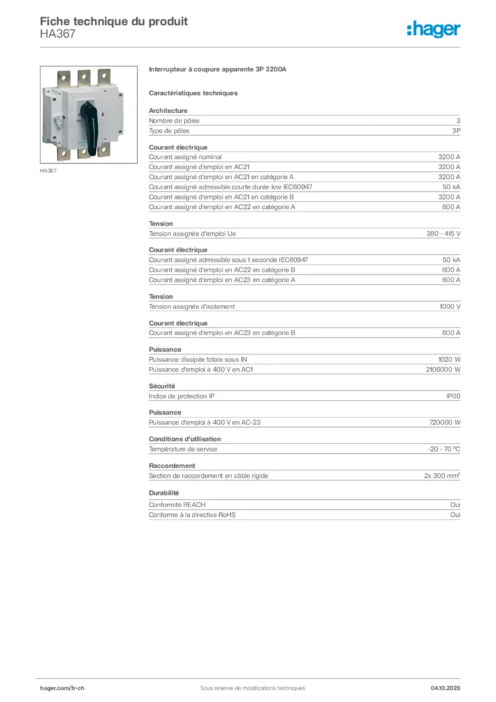 Image Hager Fiche technique du produit HA367 | Hager Suisse