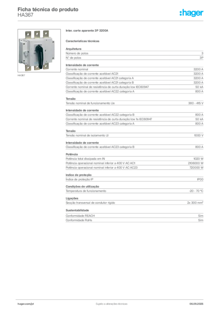 Imagem Hager Ficha técnica do produto HA367 | Hager Portugal