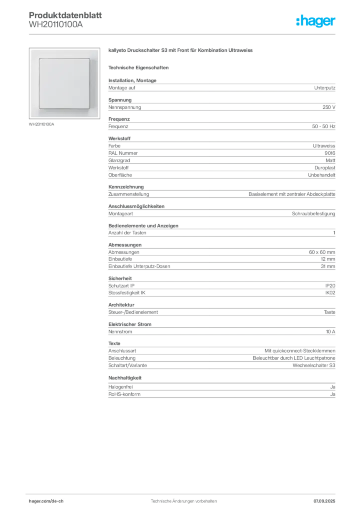 Bild Hager Produktdatenblatt WH20110100A | Hager Schweiz