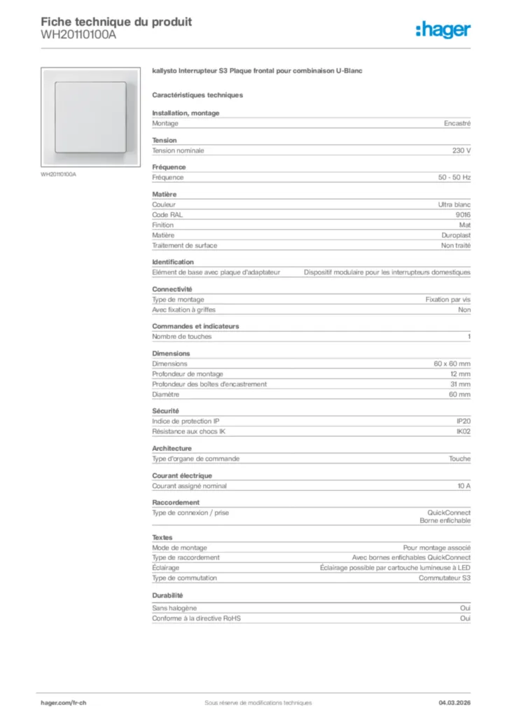 Image Hager Fiche technique du produit WH20110100A | Hager Suisse