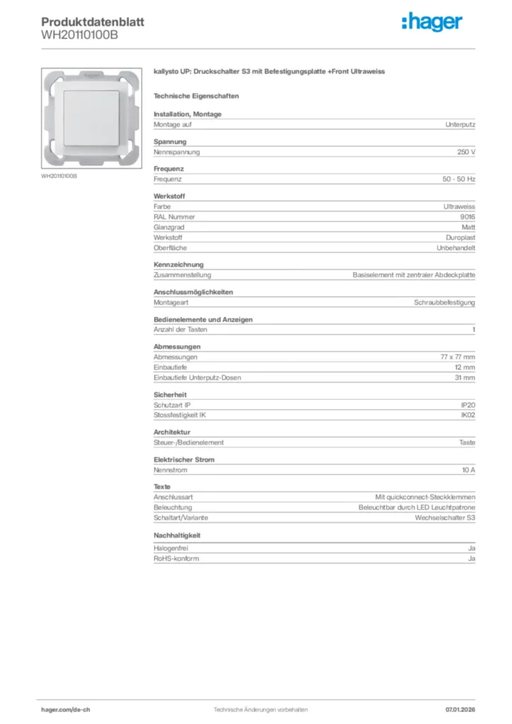 Bild Hager Produktdatenblatt WH20110100B | Hager Schweiz