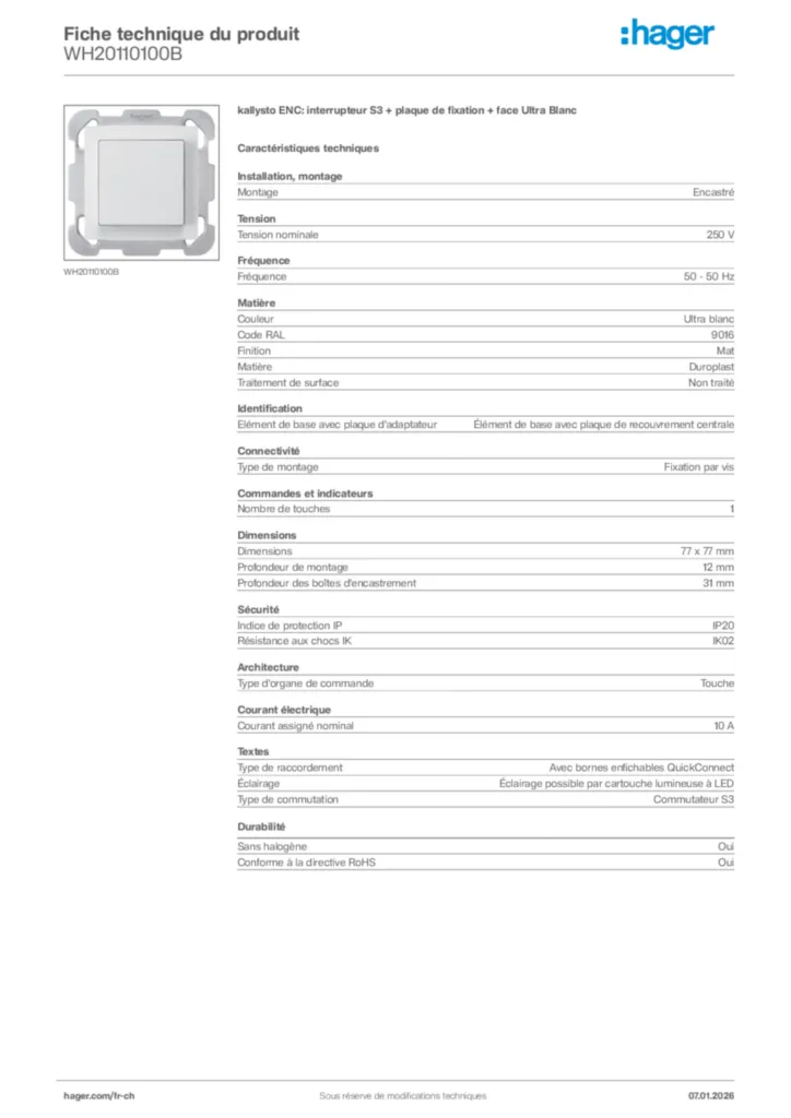 Image Hager Fiche technique du produit WH20110100B | Hager Suisse