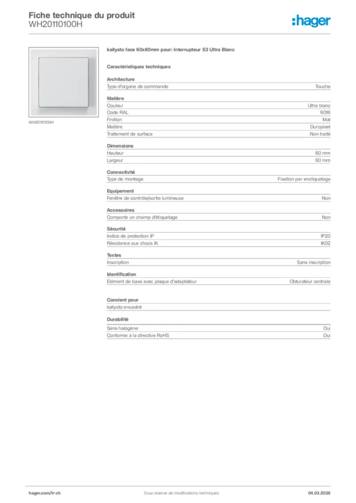 Image Hager Fiche technique du produit WH20110100H | Hager Suisse