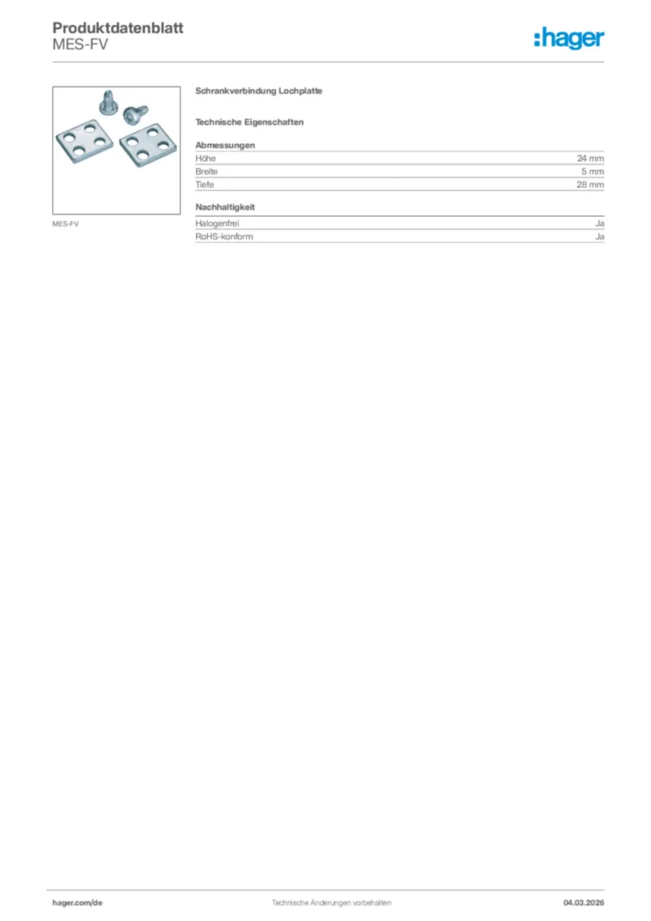 Bild Hager Produktdatenblatt MES-FV | Hager Deutschland