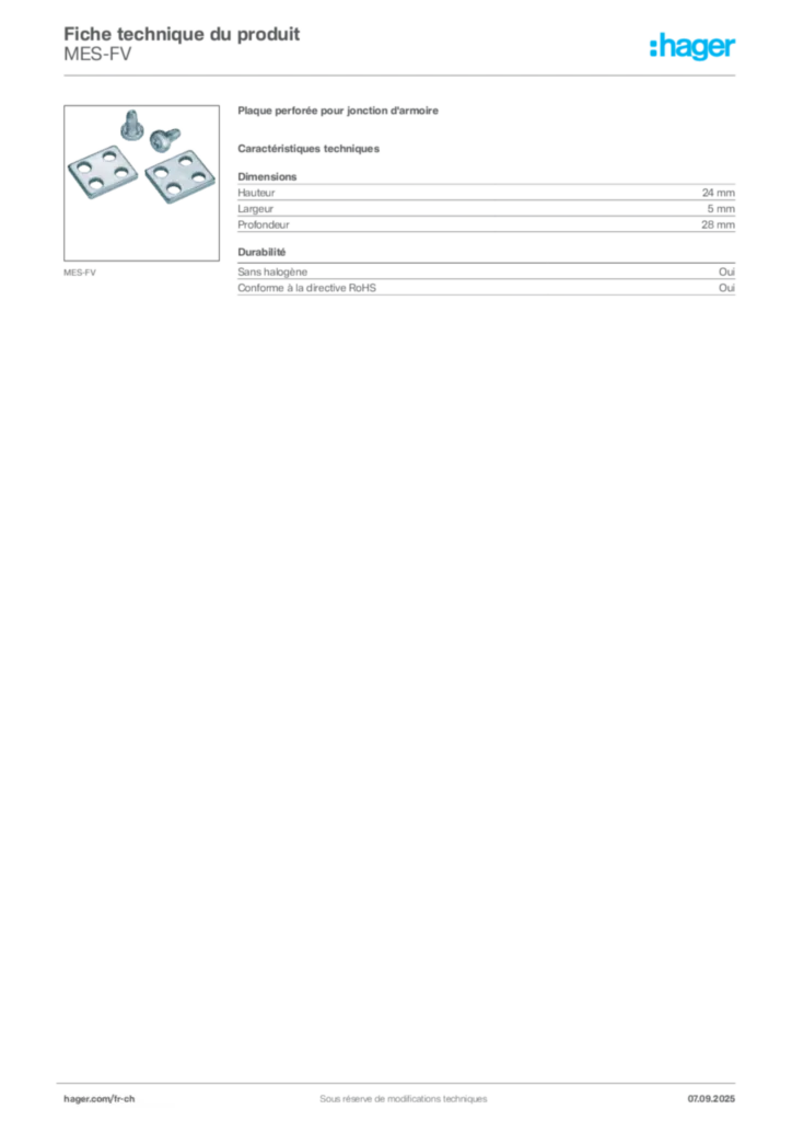 Image Hager Fiche technique du produit MES-FV | Hager Suisse