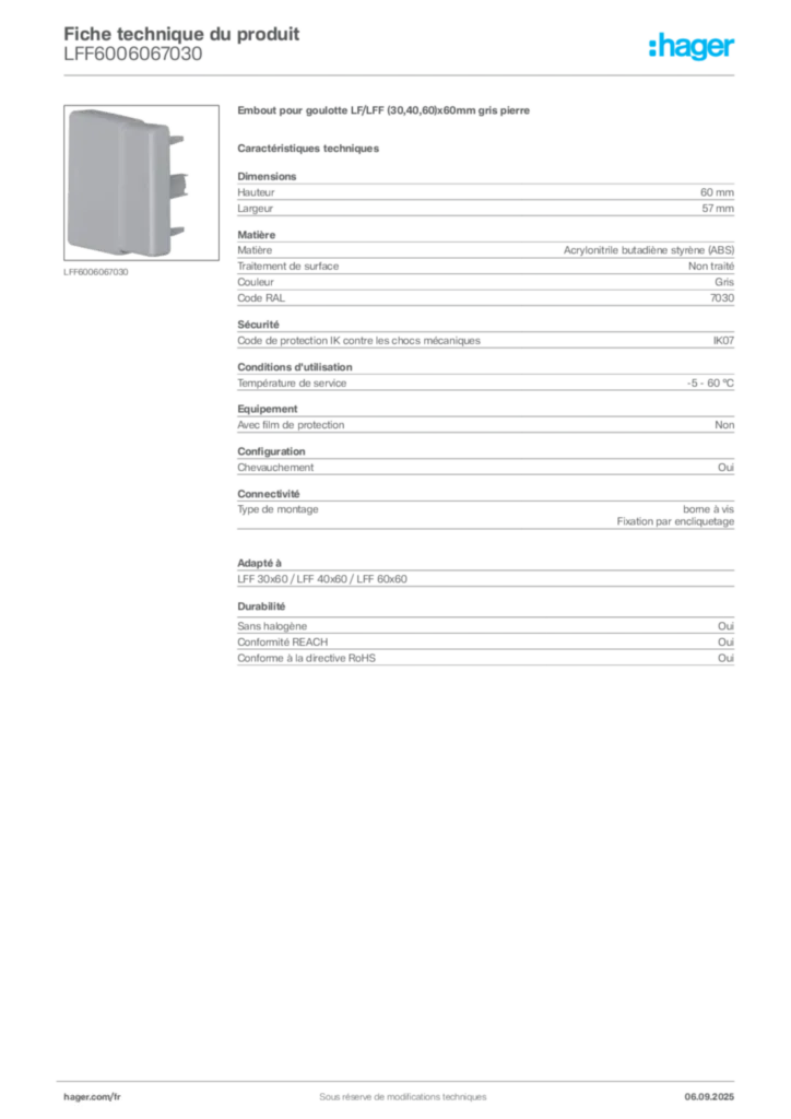 Image Hager Fiche technique du produit LFF6006067030 | Hager France