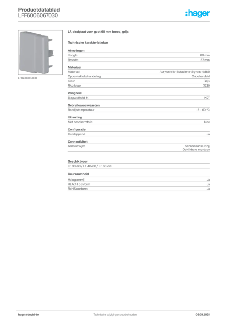 Afbeelding Hager Productdatablad LFF6006067030 | Hager Belgium