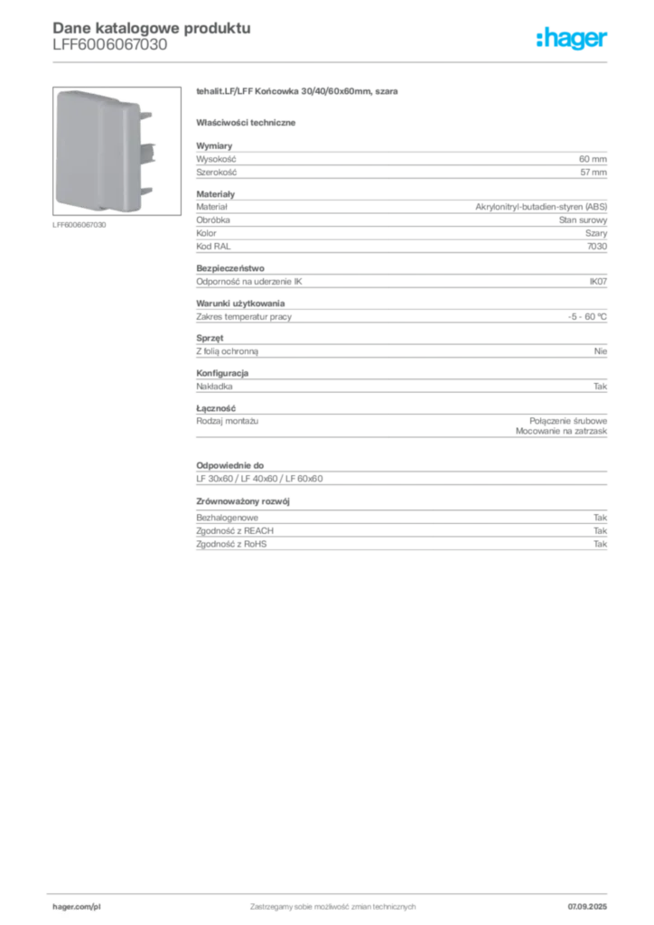 Zdjęcie Hager Dane katalogowe produktu LFF6006067030 | Hager Polska