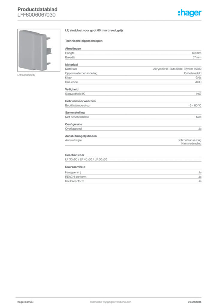 Afbeelding Hager Productdatablad LFF6006067030 | Hager Nederland