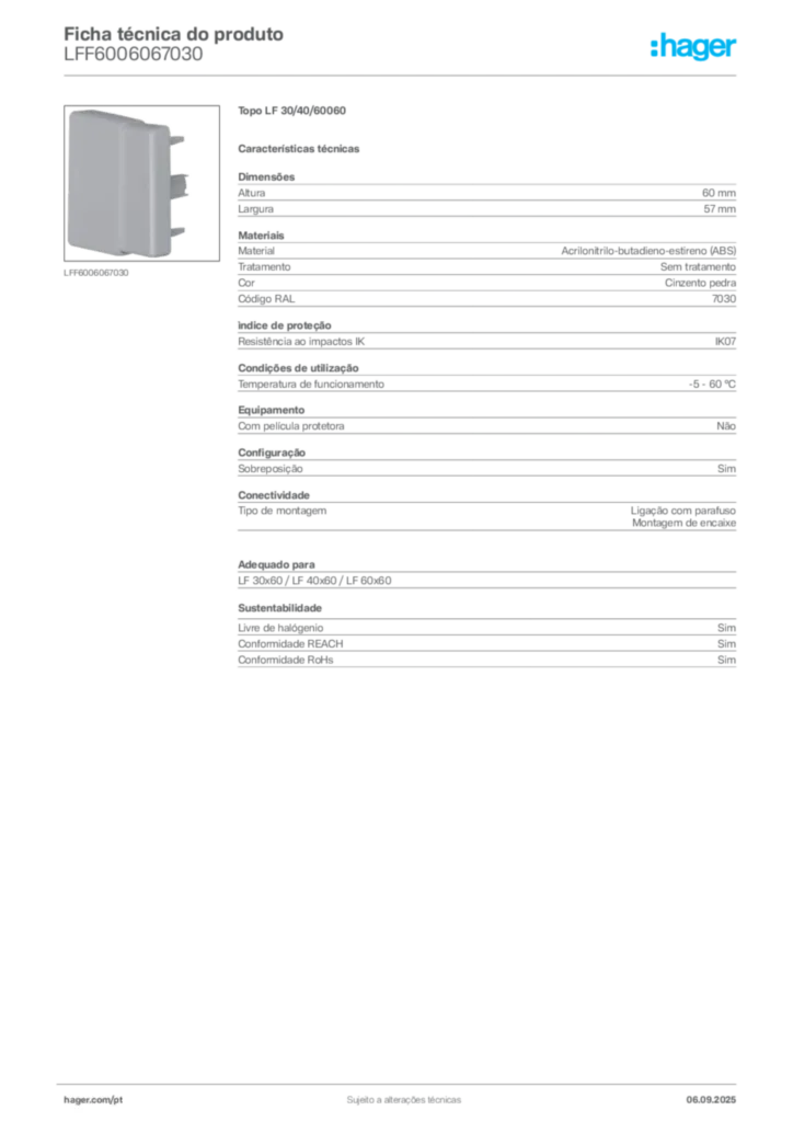 Imagem Hager Ficha técnica do produto LFF6006067030 | Hager Portugal