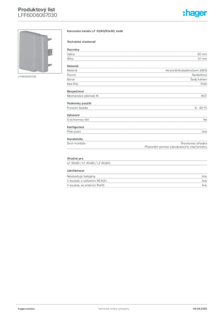 Obrázek Hager Produktový list LFF6006067030 | Hager