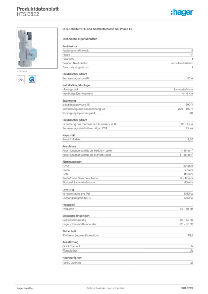 Bild Hager Produktdatenblatt HTS135E2 | Hager Deutschland