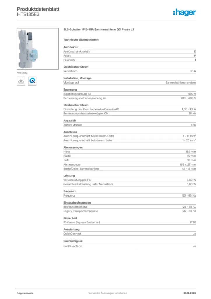 Bild Hager Produktdatenblatt HTS135E3 | Hager Deutschland
