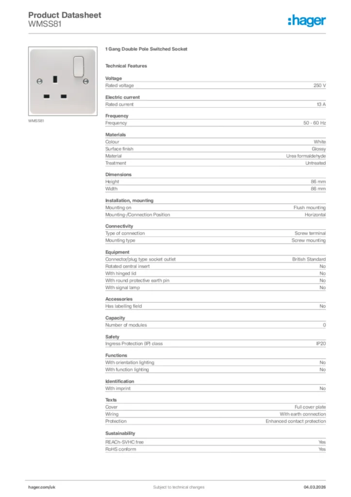 Image Hager Product data sheet WMSS81  | Hager